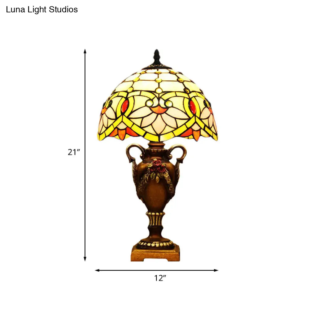 Mediterranean Desk Lamp: Hand-Cut Glass Blossom Pattern Night Light In Yellow/Green With Trophy Base