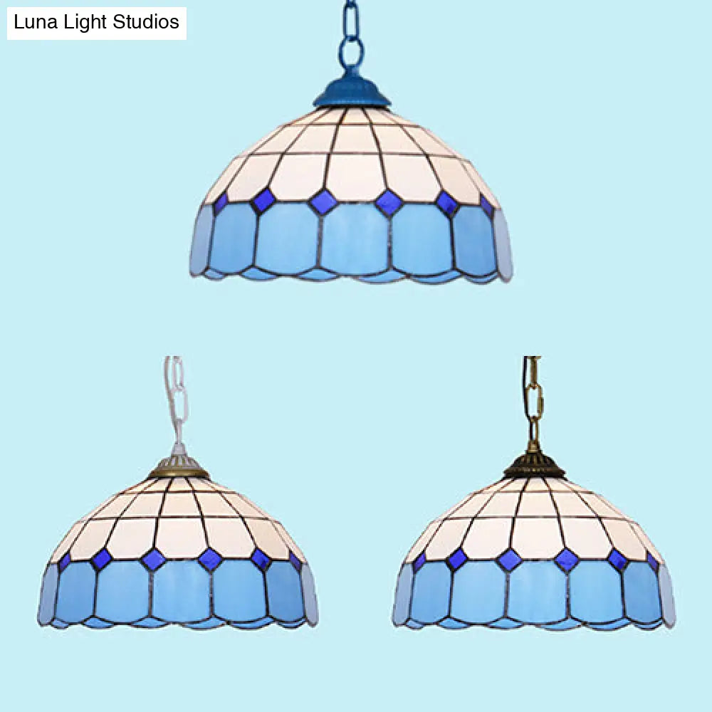 Mediterranean Dome Stained Art Glass Pendant Light In White/Blue/Bronze