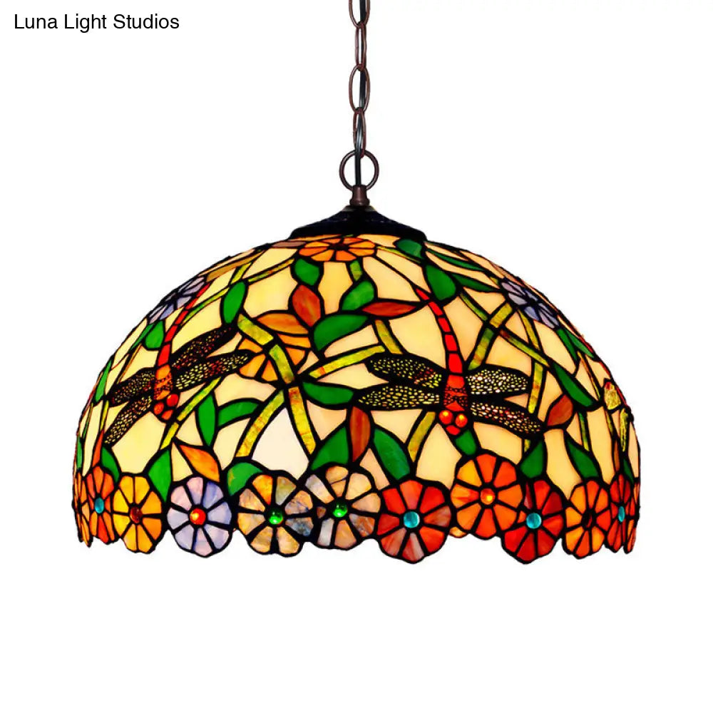 Mediterranean Dragonfly Chandelier with Cut Glass Pendant Lights - Red/Green/Purple