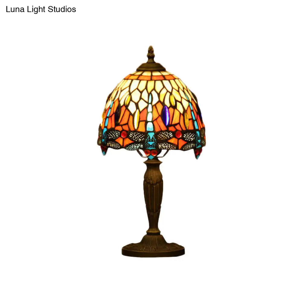 Mediterranean Dragonfly Patterned Desk Night Lamp - Colorful Cut Glass 1-Light Ideal For Coffee