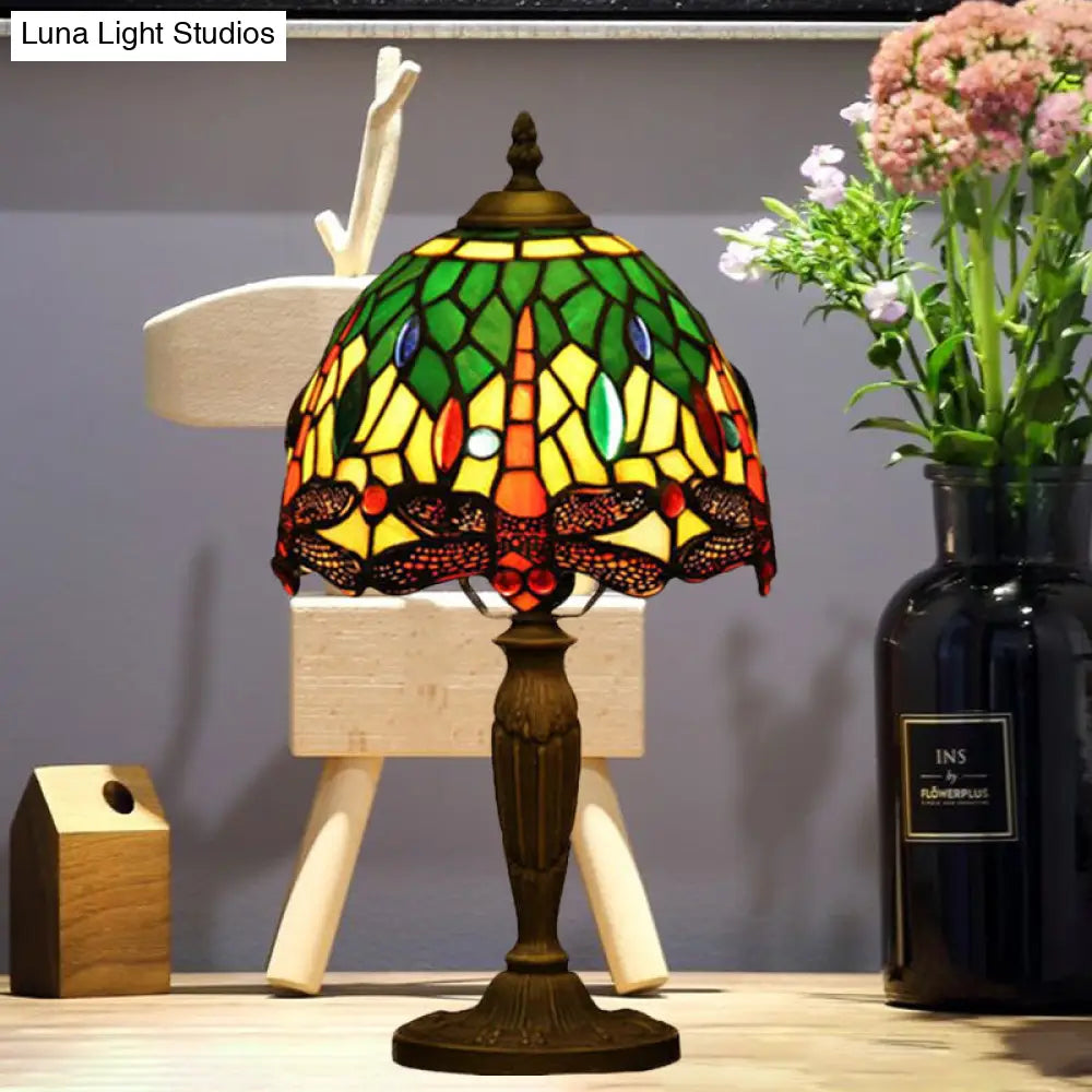 Mediterranean Dragonfly Patterned Desk Night Lamp - Colorful Cut Glass 1-Light Ideal For Coffee
