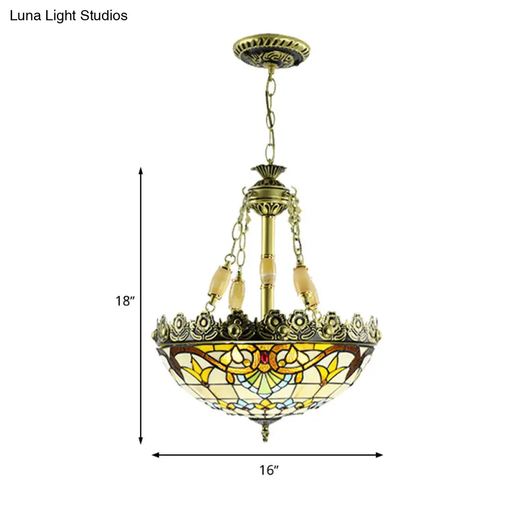 Mediterranean Stained Glass Chandelier - 3/4 Lights Yellow/Blue 12’/16’ W Kitchen Hanging Light Kit