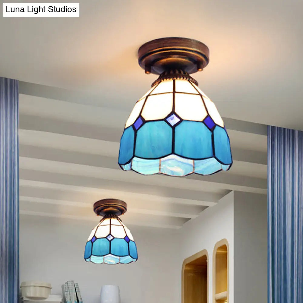 Mediterranean Stained Glass Dome Flush Light In Brass Finish With 1 & Stunning Geometric Patterns
