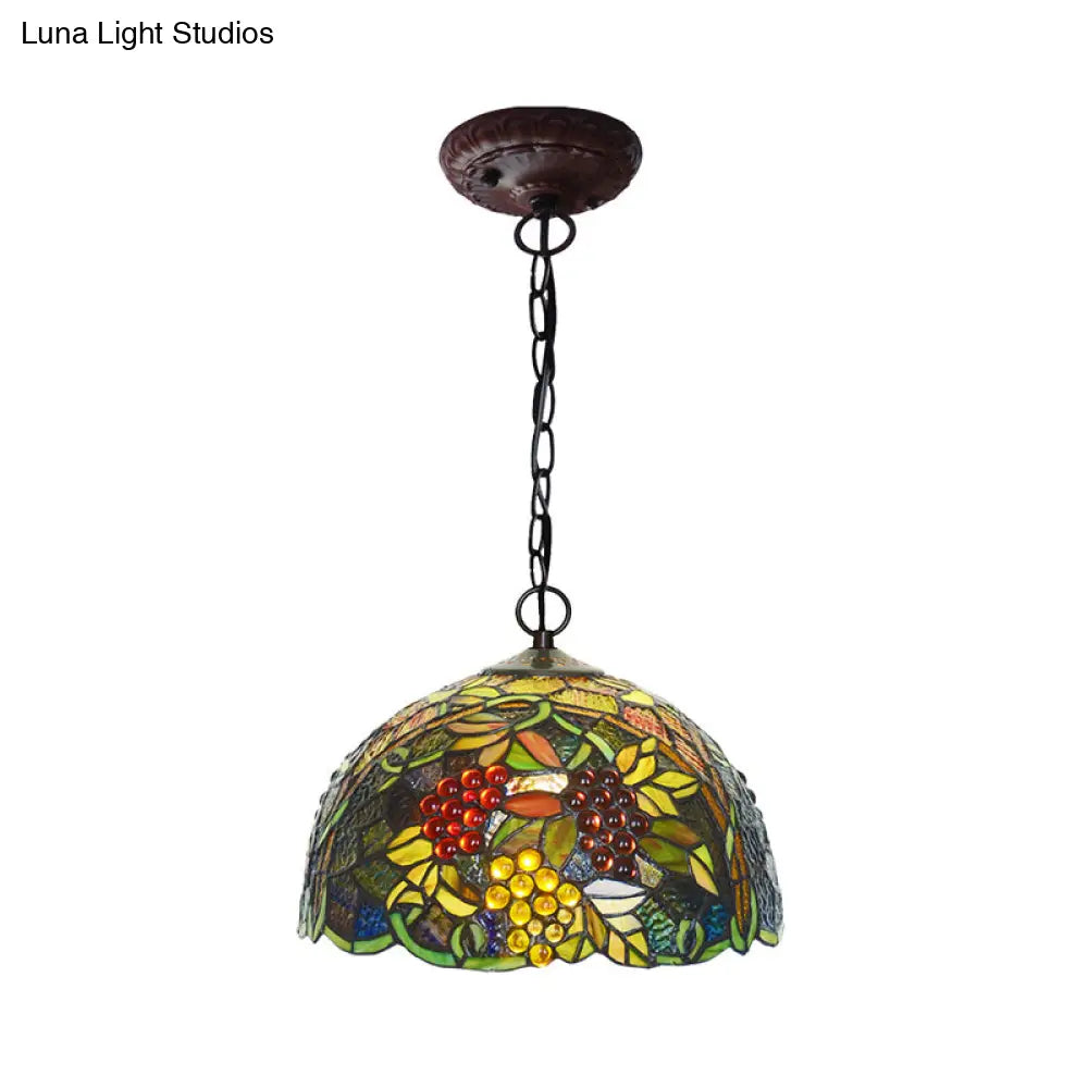 Mediterranean Stained Glass Hanging Light - Green Dome 8’/12’ Bronze Pendant