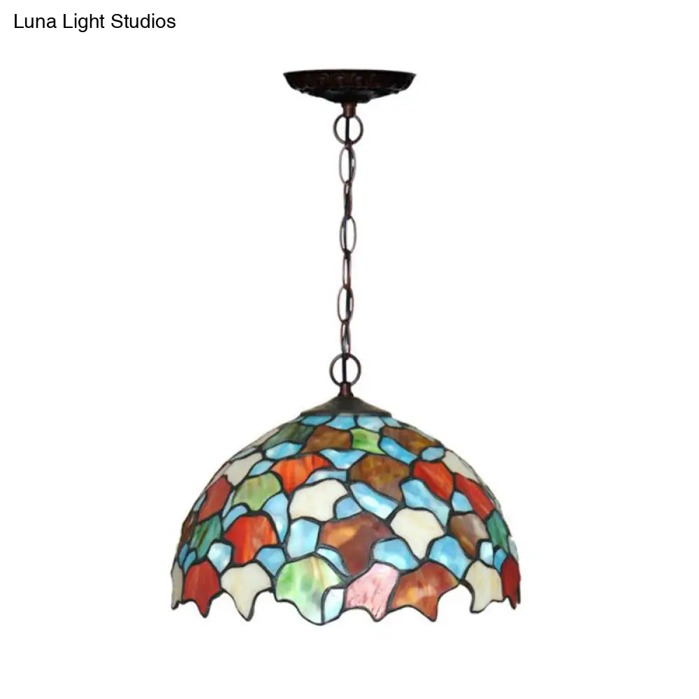 Mediterranean Style Hanging Pendant Light With Stained Glass Shade - Red/Green