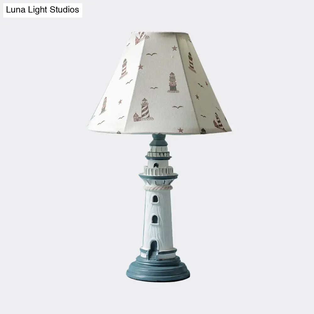 Mediterranean Tapered Night Light Fabric Table Lamp With Nautical Design And Lighthouse Base