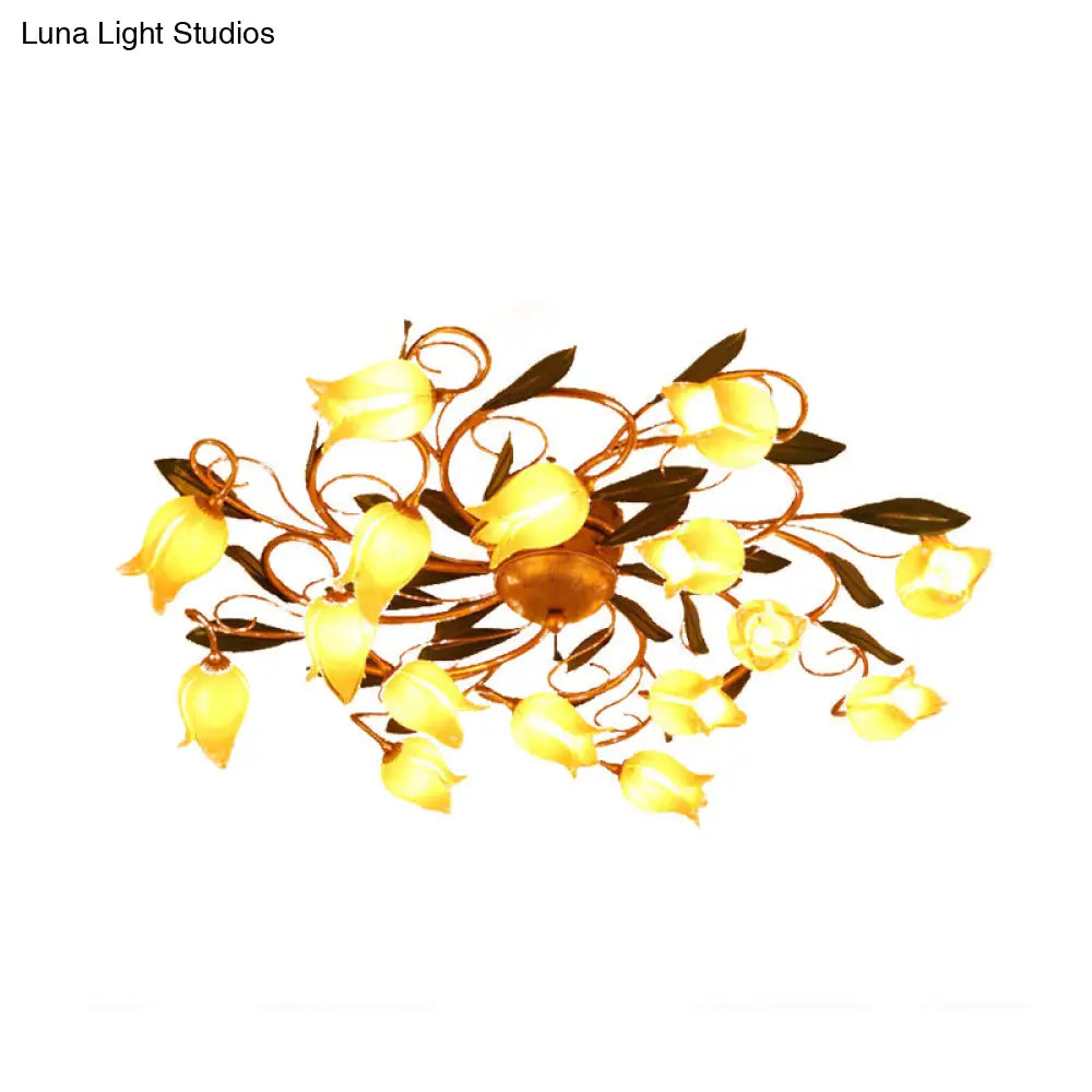 Metal Brass Ceiling Flush Lily/Tulip Led Semi Mount Lighting - 16 - Head American Garden Style For