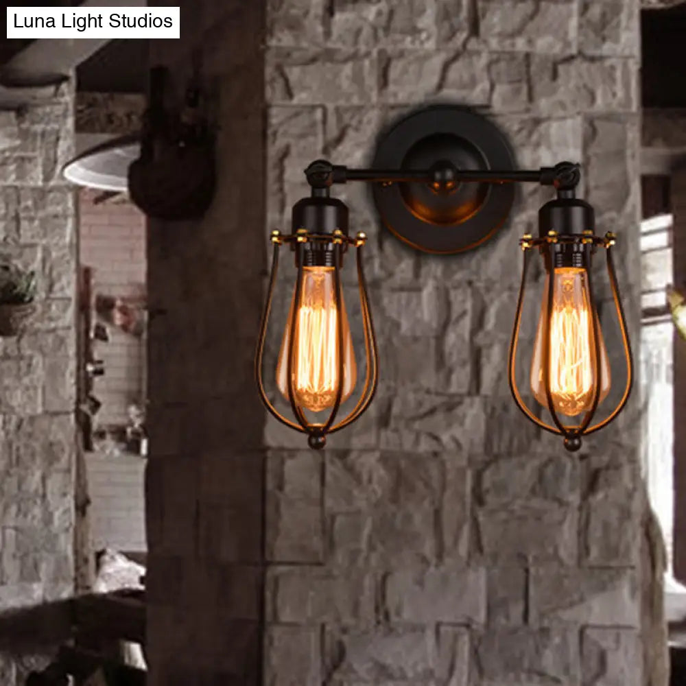 Metal Cage Vanity Lights - Industrial Wall Mounted 2 Head Over Mirror Design