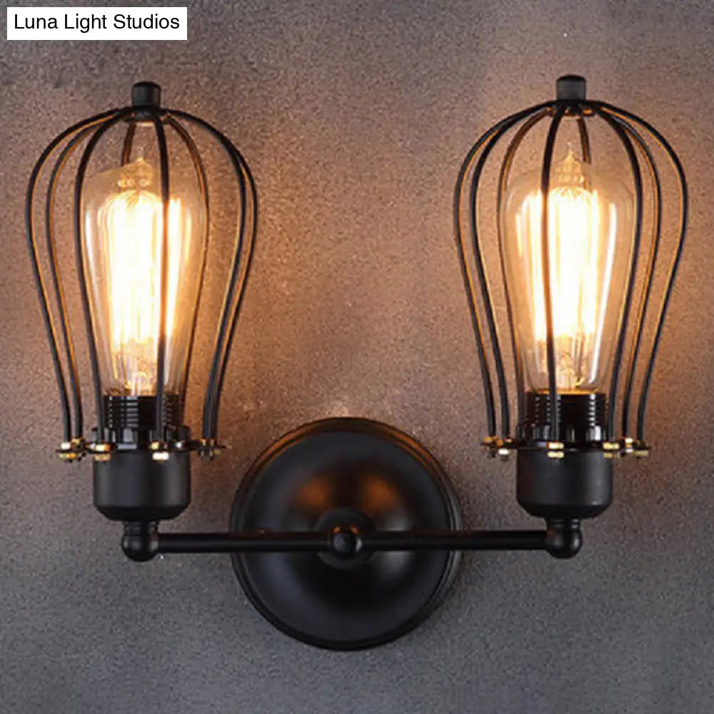 Metal Cage Vanity Lights - Industrial Wall Mounted 2 Head Over Mirror Design