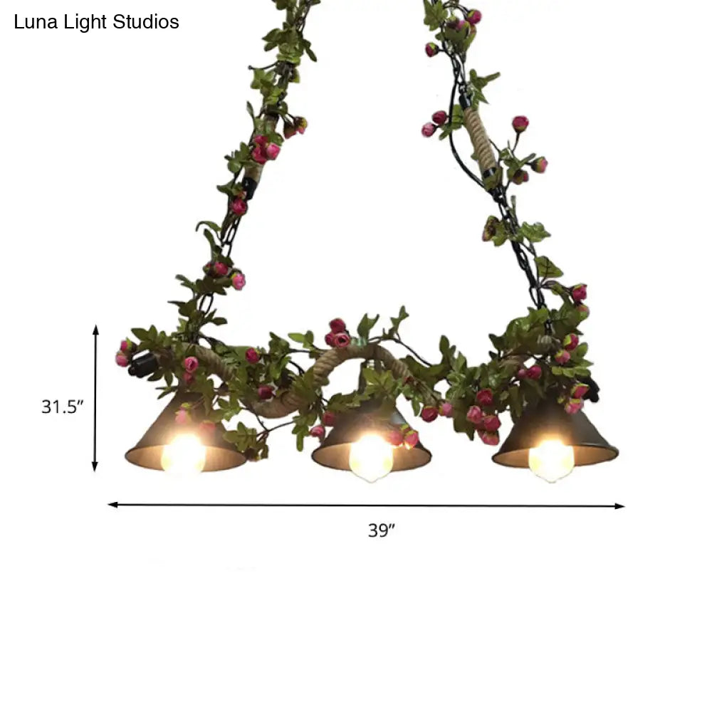 Metal Island Pendant Vintage Black Cone Shape With Plant Decoration - Ideal For Restaurants