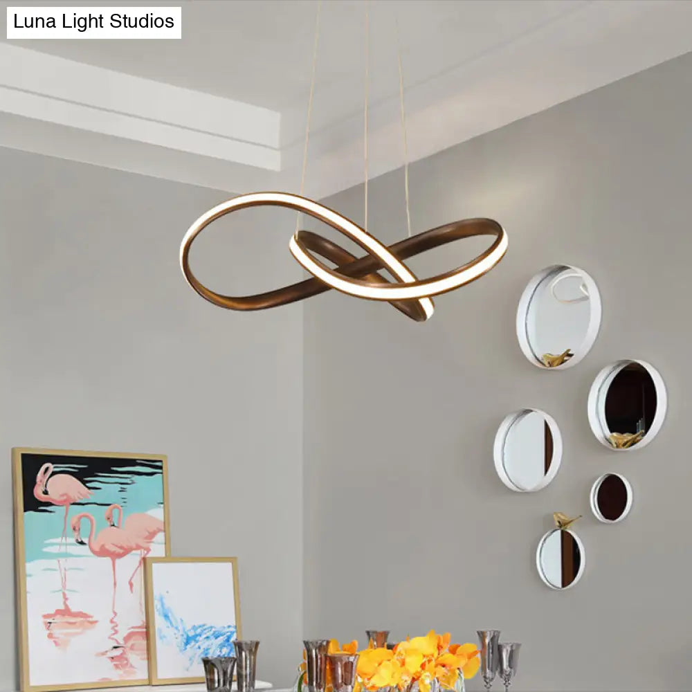 Metal Led Pendant Lamp - Twisted Strip Design For Bedroom Chandelier In Coffee Color