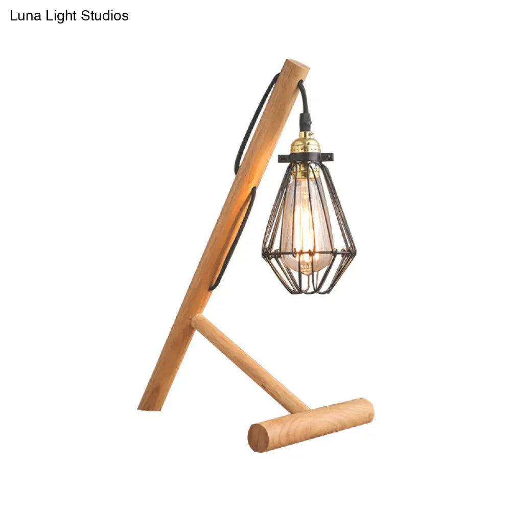 Metallic Caged Table Lamp - Industrial Style 1 Light Beige With Wooden Base For Living Room