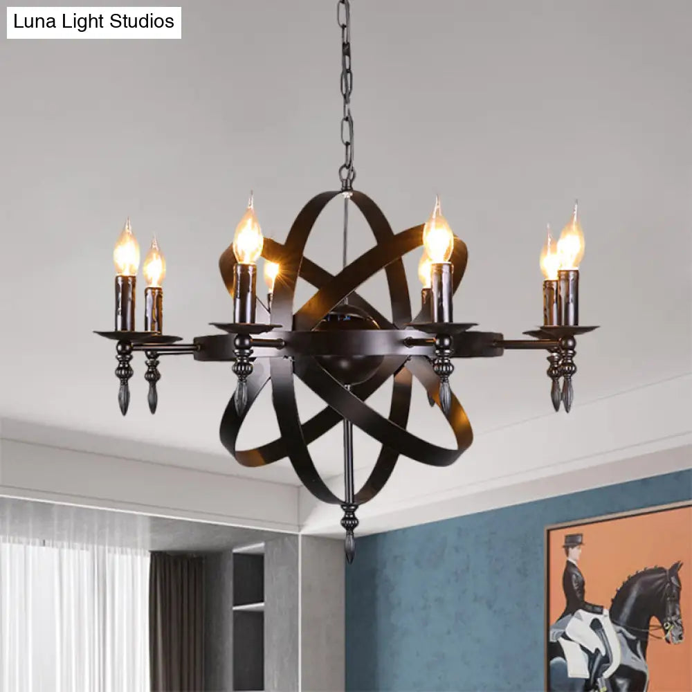 Metallic Chandelier With Spherical Cage Shade - Vintage 6/8 Head Ceiling Light For Restaurants In