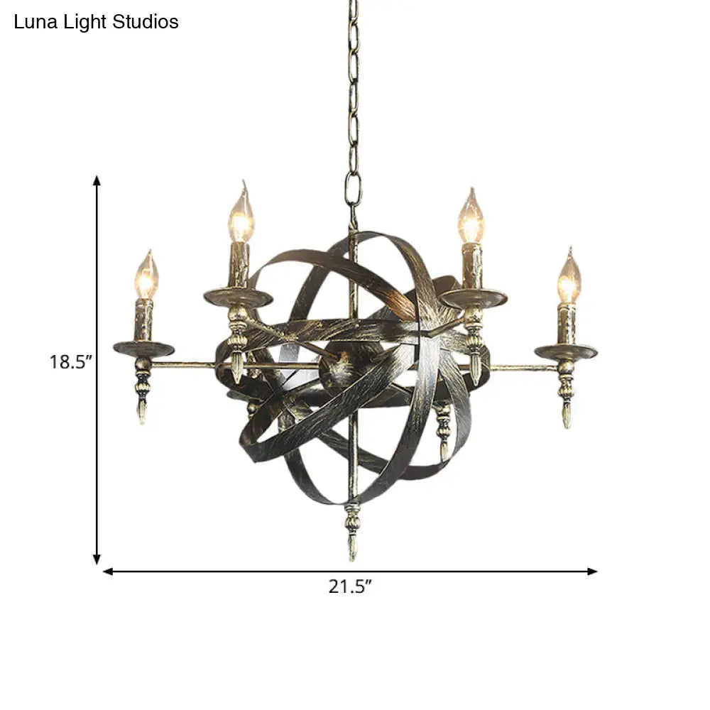 Metallic Chandelier With Spherical Cage Shade - Vintage 6/8 Head Ceiling Light For Restaurants In