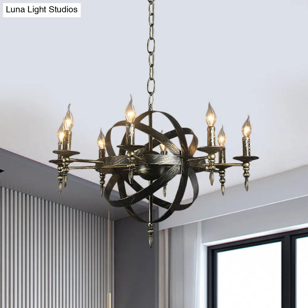 Metallic Chandelier With Spherical Cage Shade - Vintage 6/8 Head Ceiling Light For Restaurants In