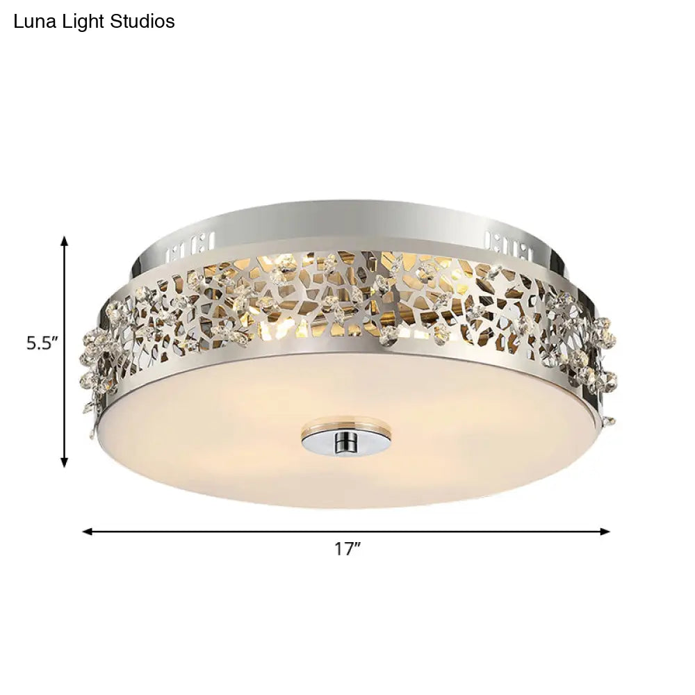 Metallic Drum Flush Lamp With Crystal Accents - 4 - Light Contemporary Ceiling Mount