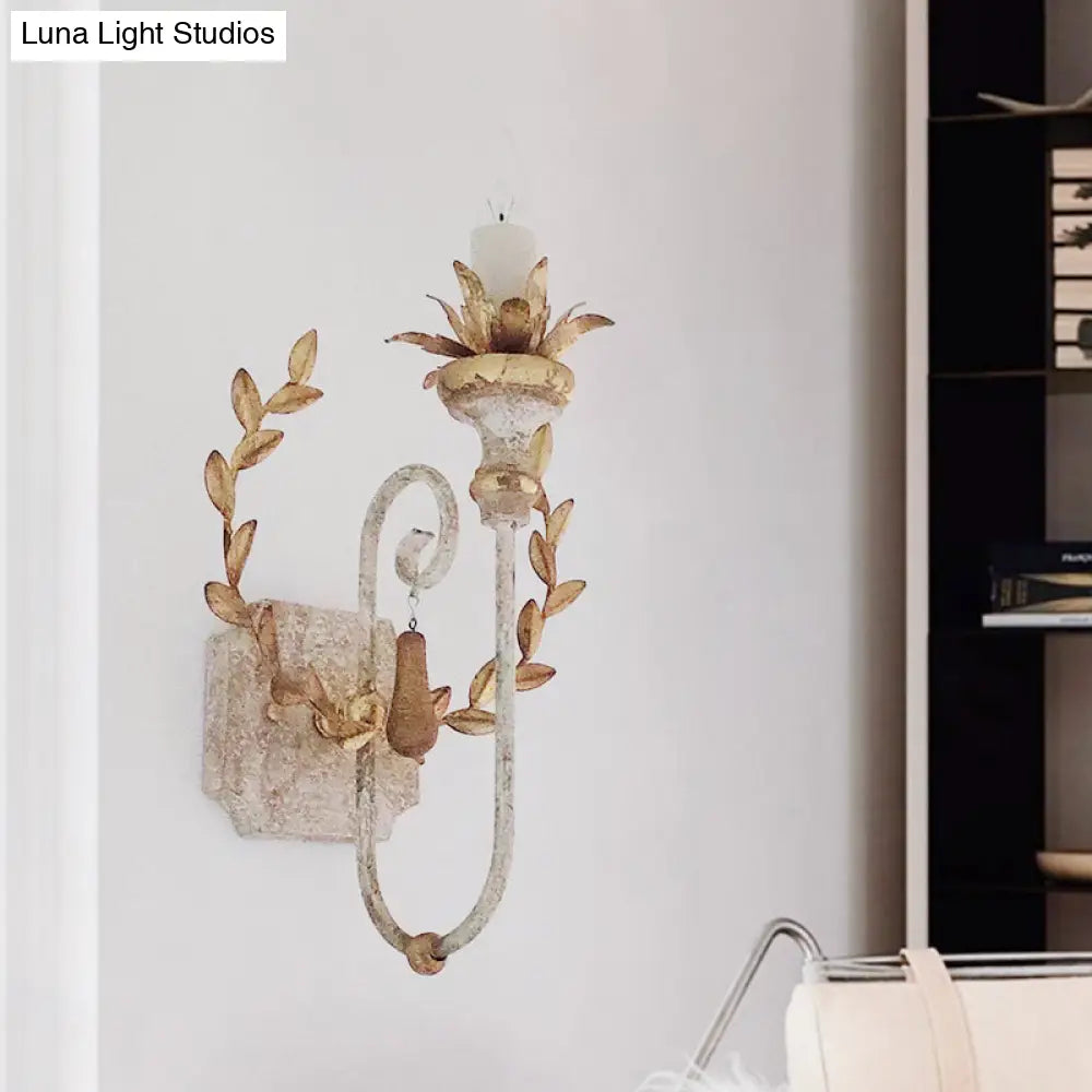 Metallic Gold Farmhouse Wall Lamp With Vine Decor - Mount Candelabra