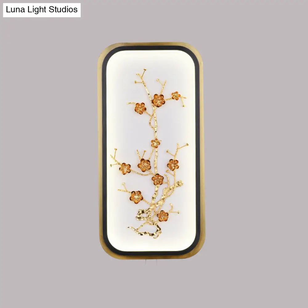 Metallic Gold Led Wall Mounted Light Fixture - Oriental Style Plum Blossom Mural Design