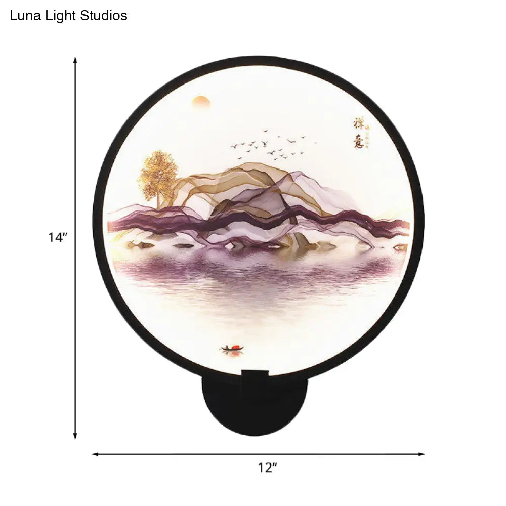 Metallic Led Wall Sconce Light - Brown/Purple Line Art Mural Lighting Asian Style For Bedroom