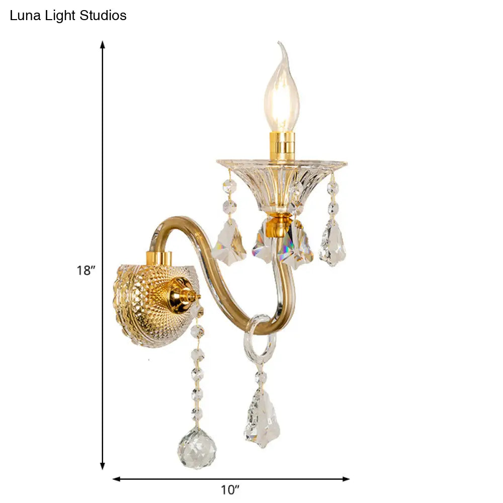 Mid-Century 1/2 Lights Wall Sconce With Brass Candle Design And Crystal Shade