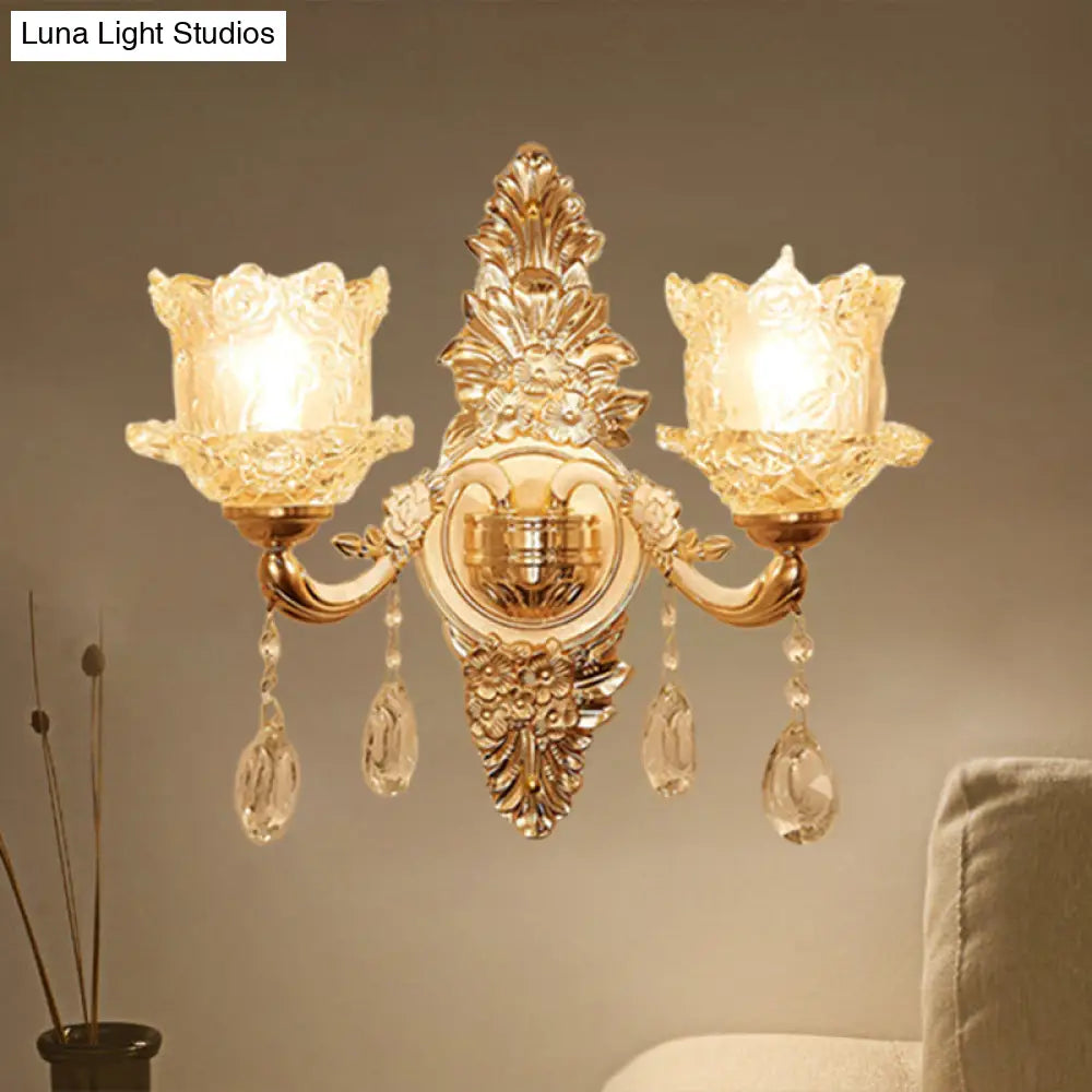 Mid Century Clear Crystal Glass Flower Corner Sconce Lighting - Gold Wall Mounted Lamp