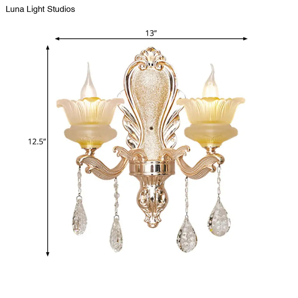 Mid-Century Crystal Wall Sconce With 2-Bulb Floral Design In Gold For Living Room Lighting