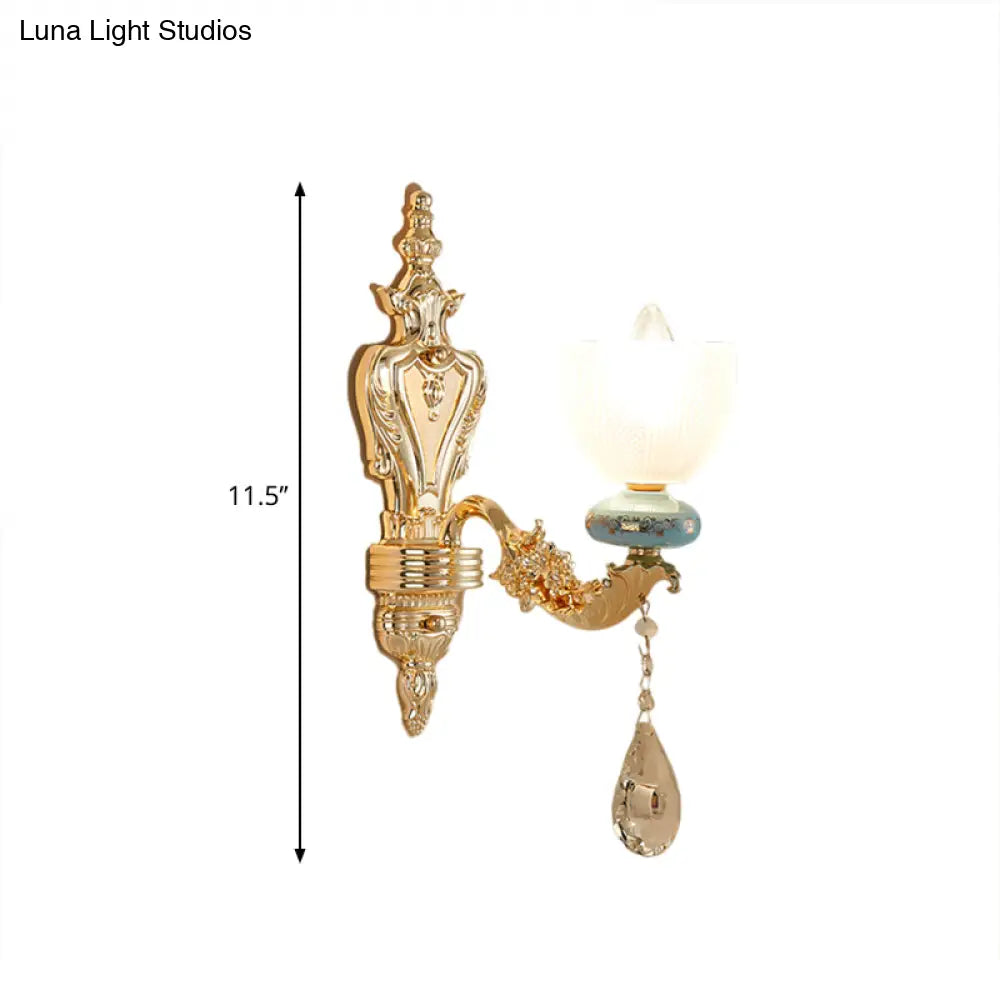 Mid-Century Cup Shape Wall Light Sconce In Gold With Latticed Glass - Single Fixture