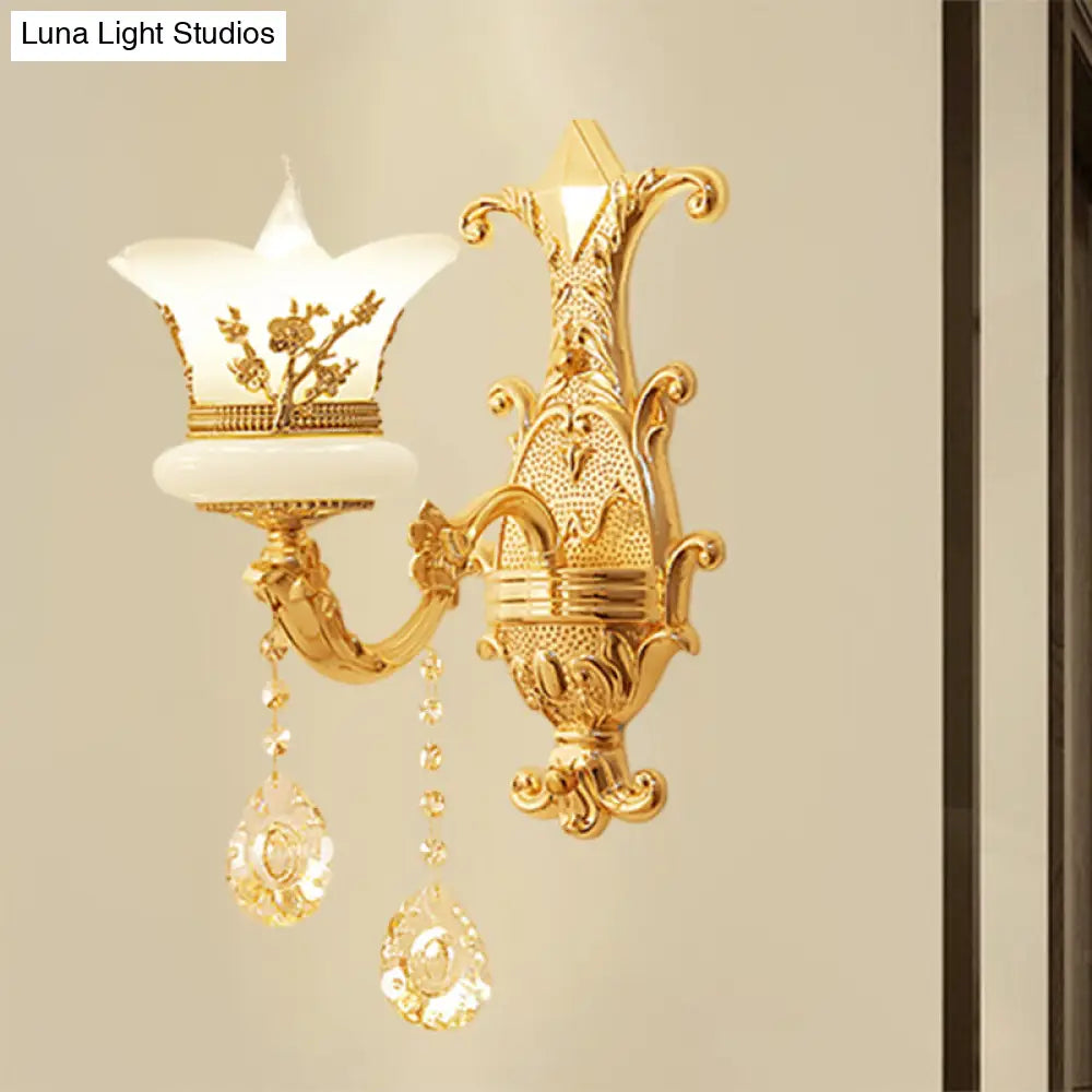 Mid-Century Gold Wall Mounted Lamp With Frosted Glass - Flower Bedside Light Fixture