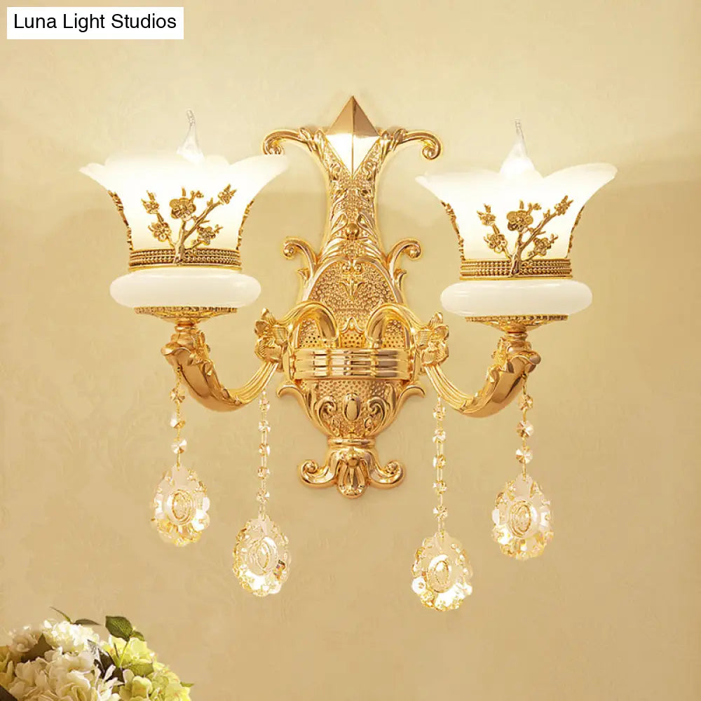 Mid-Century Gold Wall Mounted Lamp With Frosted Glass - Flower Bedside Light Fixture