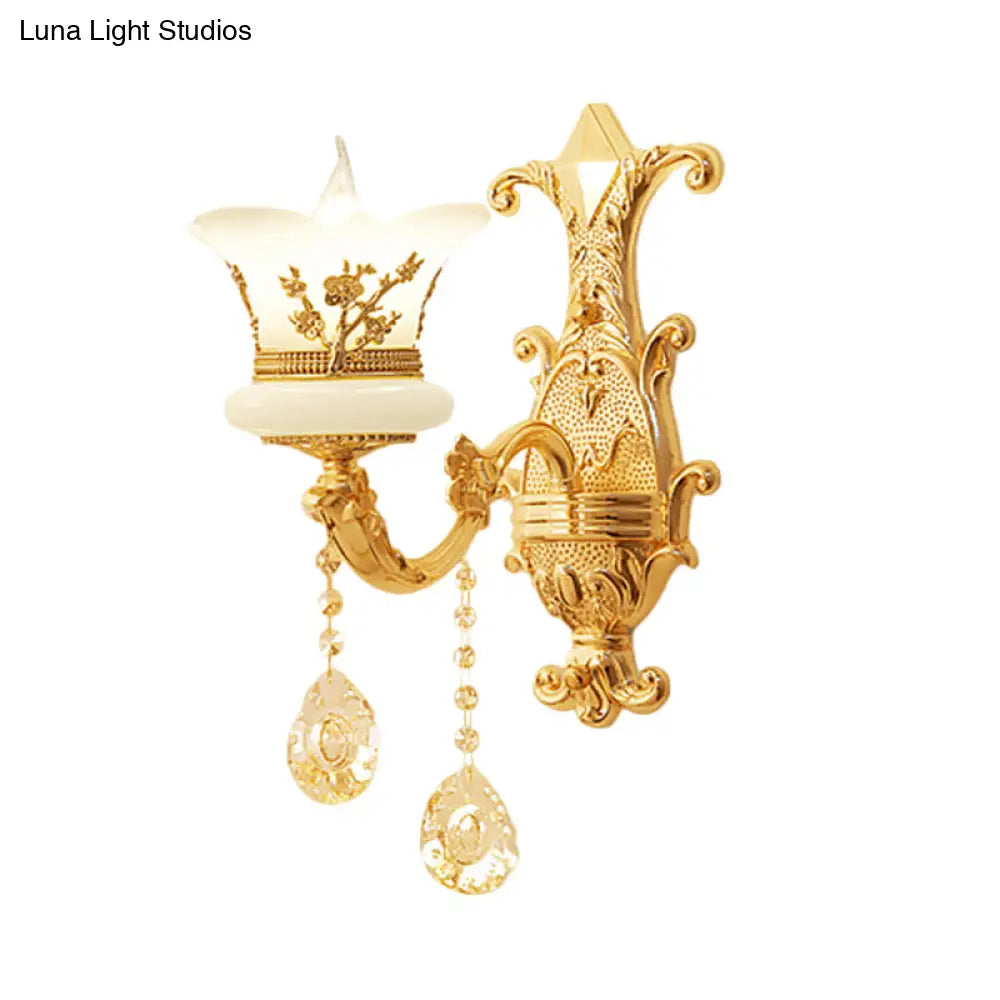 Mid-Century Gold Wall Mounted Lamp With Frosted Glass - Flower Bedside Light Fixture