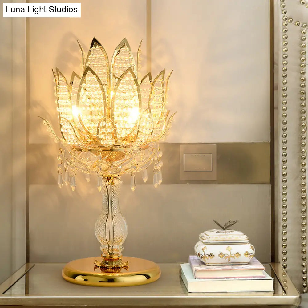 Mid-Century Lotus Crystal Table Lamp With Gold Base - Clear Bulb Light For Bedroom Nightstand