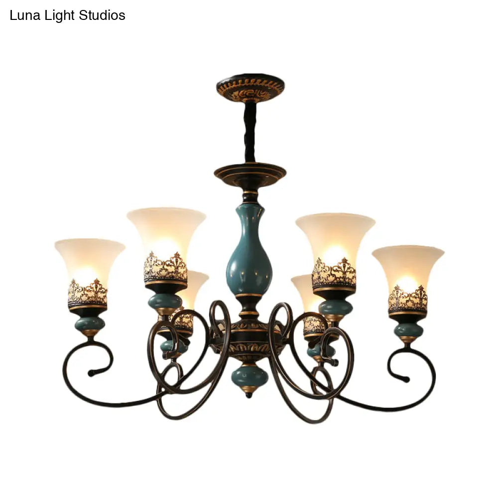 Milky Glass Bell Shade Pendant Light In Rustic Blue - 3/5/6-Head Chandelier For Unique Lighting