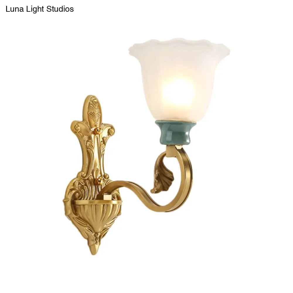 Milky Glass Brass Wall Sconce With Ginkgo Leaf Decor - Traditional Scroll Arm Lighting Fixture