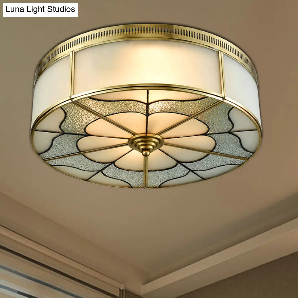 Milky Glass Ceiling Mounted Fixture: Colonial 3-Bulb Bedroom Flush Mount Lamp In Brass