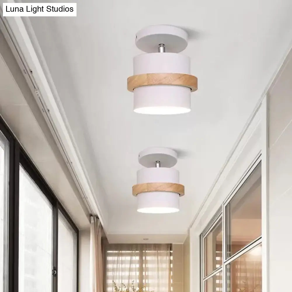 Mini Barrel Corridor Iron Ceiling Lamp With Rotating Feature - 1 Bulb Macaron Grey/Green/White Wood