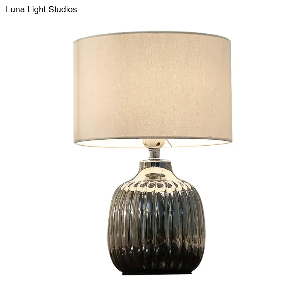 Minimal White Ceramic Table Light- 14/15 L 1 Bulb With Drum Fabric Shade- Ideal For Bedroom Night
