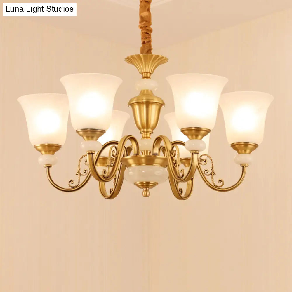 Minimalist 6-Light Bell Pendant Chandelier In Gold With Frosted White Glass