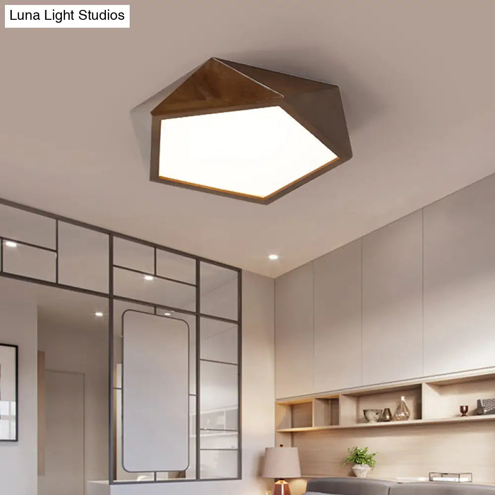 Minimalist Brown Wooden Flush Mount Led Ceiling Lamp - Faceted Pentagon Design (13’/16’/19.5’ Wide)