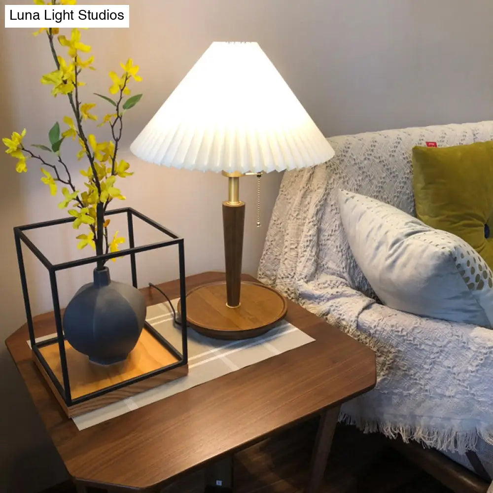 Minimalist Cone Pleated Fabric Nightstand Lamp With Pull Chain - White 1-Light Table Light For