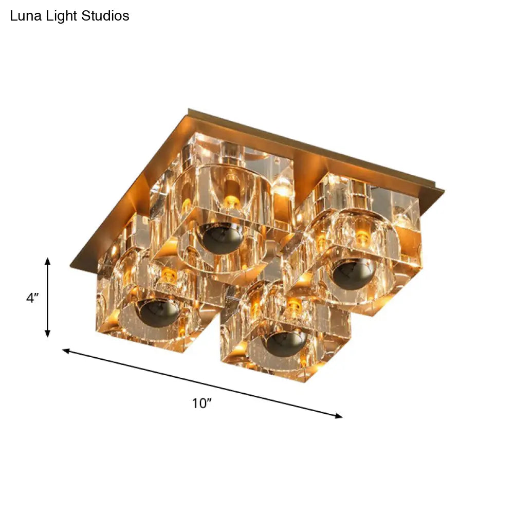 Minimalist Crystal Block 4 - Head Brass Ceiling Light For Bedroom Flushmount Lighting