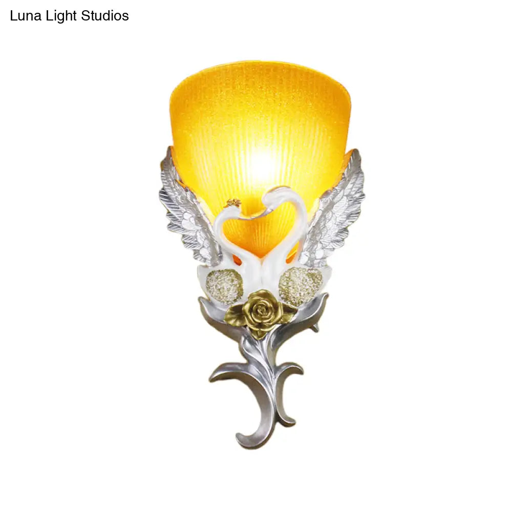 Minimalist Glass Bowl Wall Light With Ribbed Detail And Swan Decoration - 1 Corridor Sconce Fixture