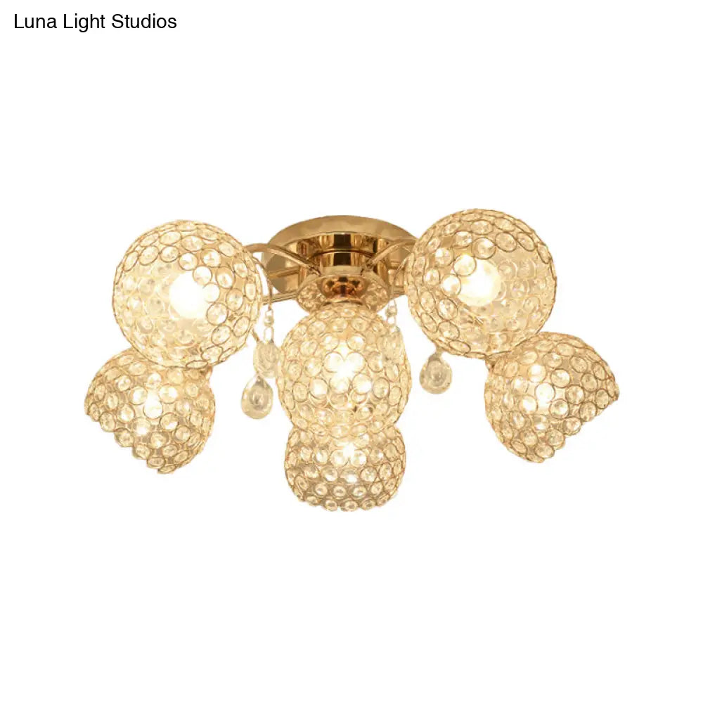 Minimalist Gold Semi-Flush Mount Light With Crystal-Embedded Shade - 6/9 Heads Ceiling Fixture