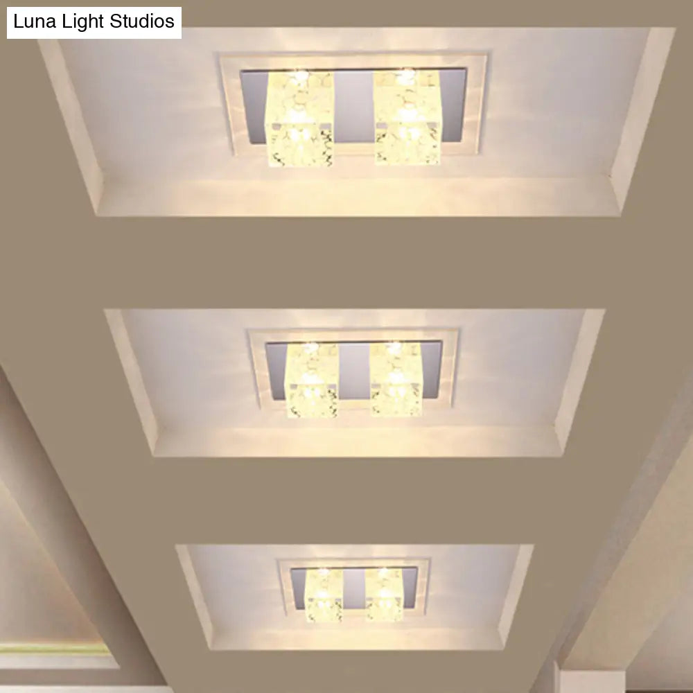 Minimalist Led Double Square Flushmount In Chrome With Crystal Dot Pattern - Warm/White Light For