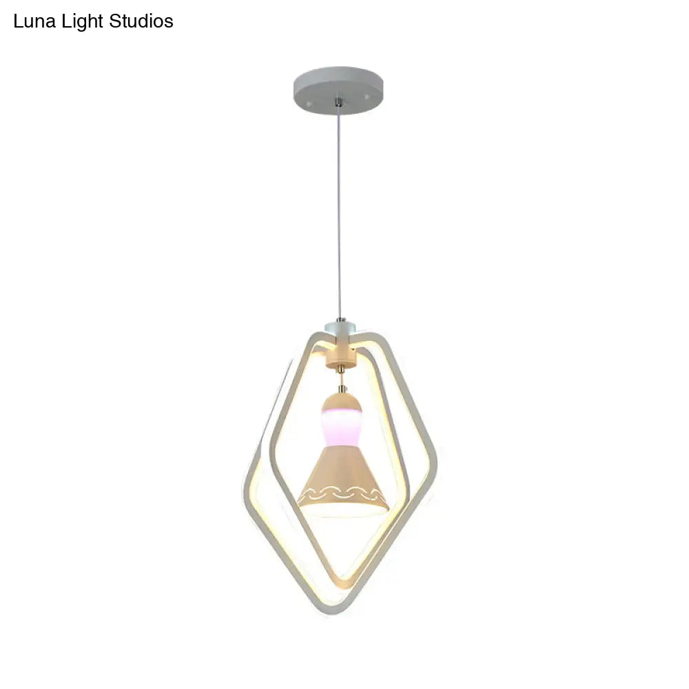 Minimalist Led White Pendant Lamp With Acrylic Dual Pentagon Frame And Bell Inside