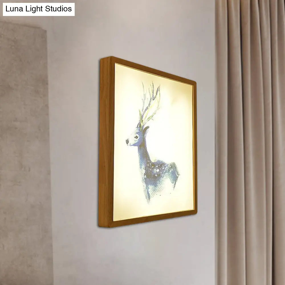 Minimalist Led Wood Wall Mounted Mural Lamp With Deer Pattern - 12/16 Metallic Square Width