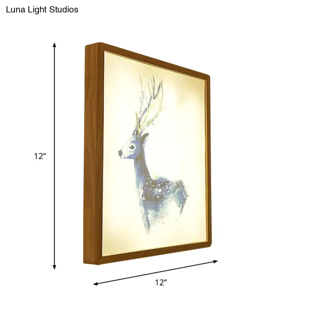 Minimalist Led Wood Wall Mounted Mural Lamp With Deer Pattern - 12/16 Metallic Square Width