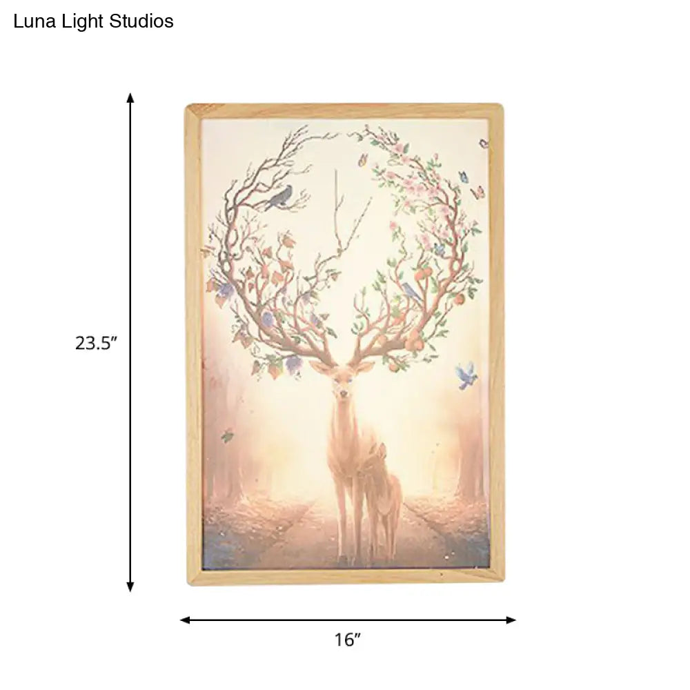 Minimalist Led Wood Wall Mounted Mural Lamp With Deer Pattern - 12/16 Metallic Square Width