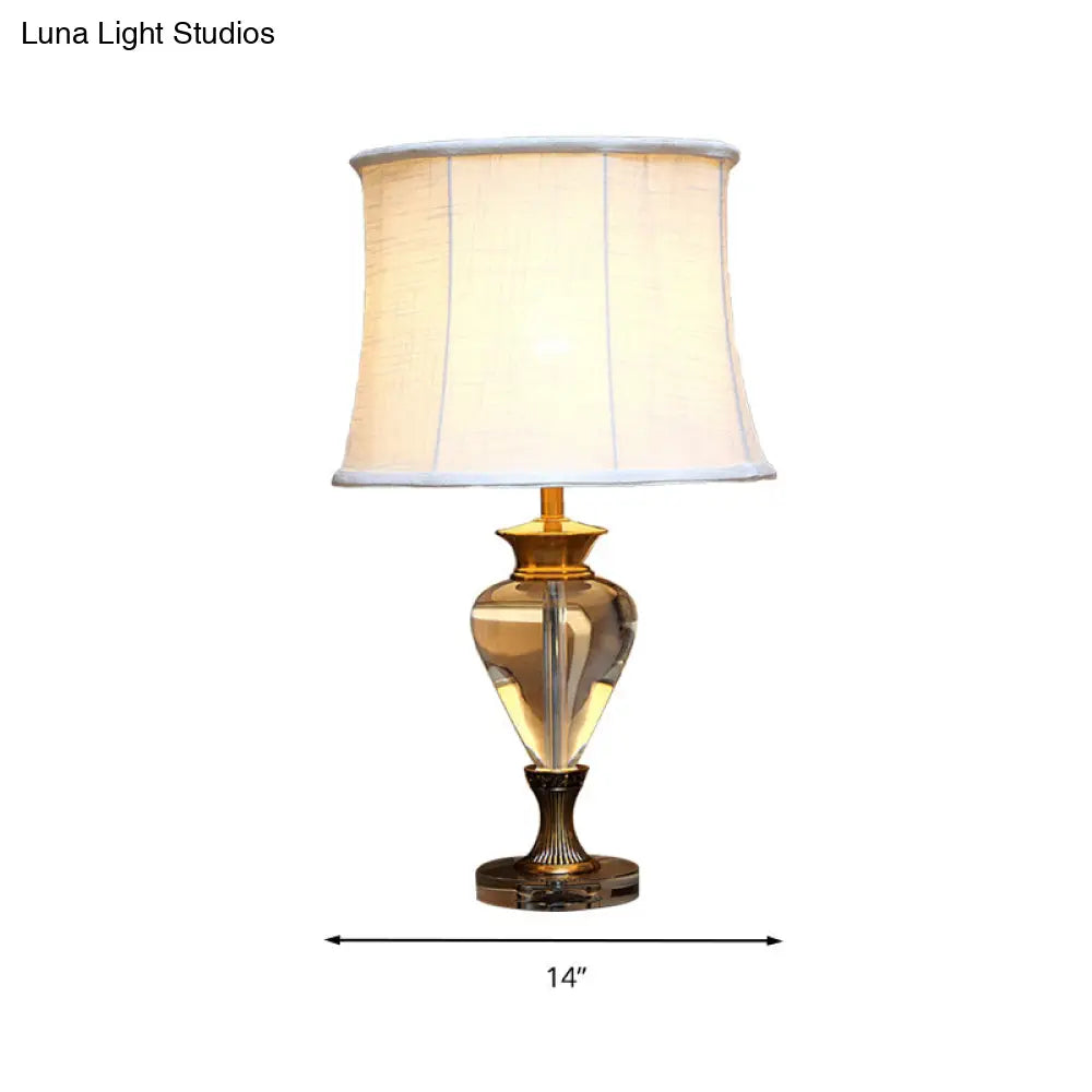 Minimalist Oval Night Lamp With Clear Crystal Accent Beige Finish & Fabric Shade