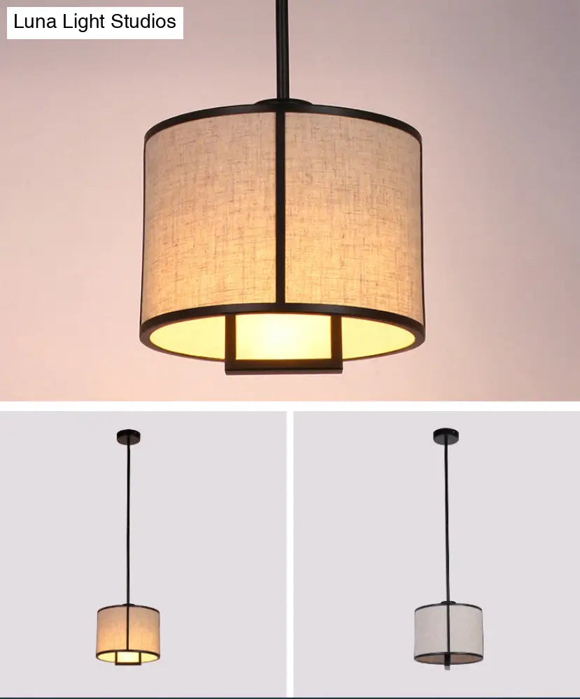 Minimalist Single-Light Fabric Drum Pendant For Living Room With 47 Carbon Steel Rod