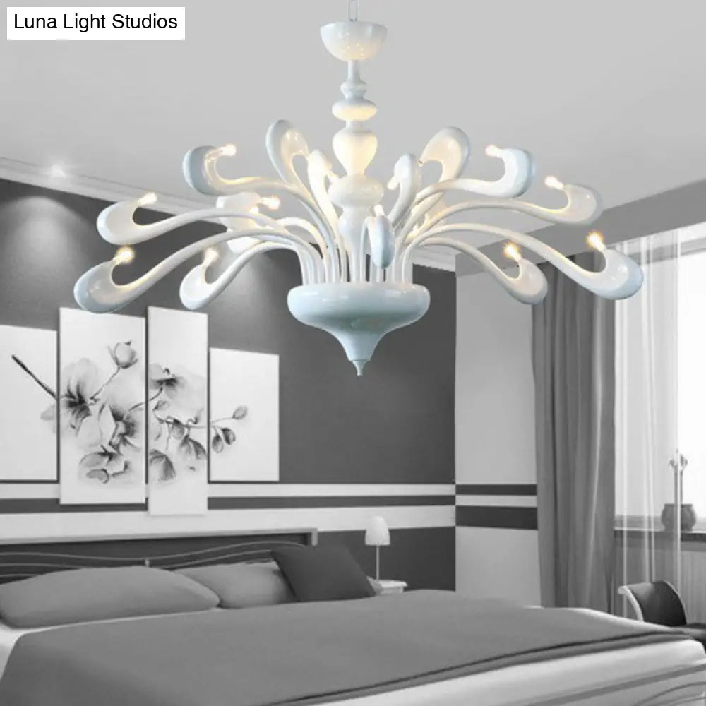 Minimalist Swan Chandelier In White - Metallic Living Room Hanging Light With 12 Bulbs